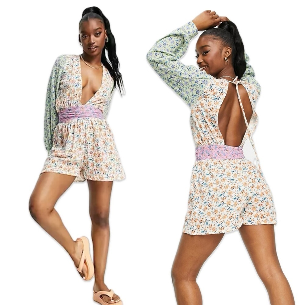 ASOS Multicolor Floral Romper with Pink Waistband